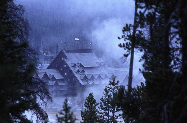 the lodge in yellowstone in fog